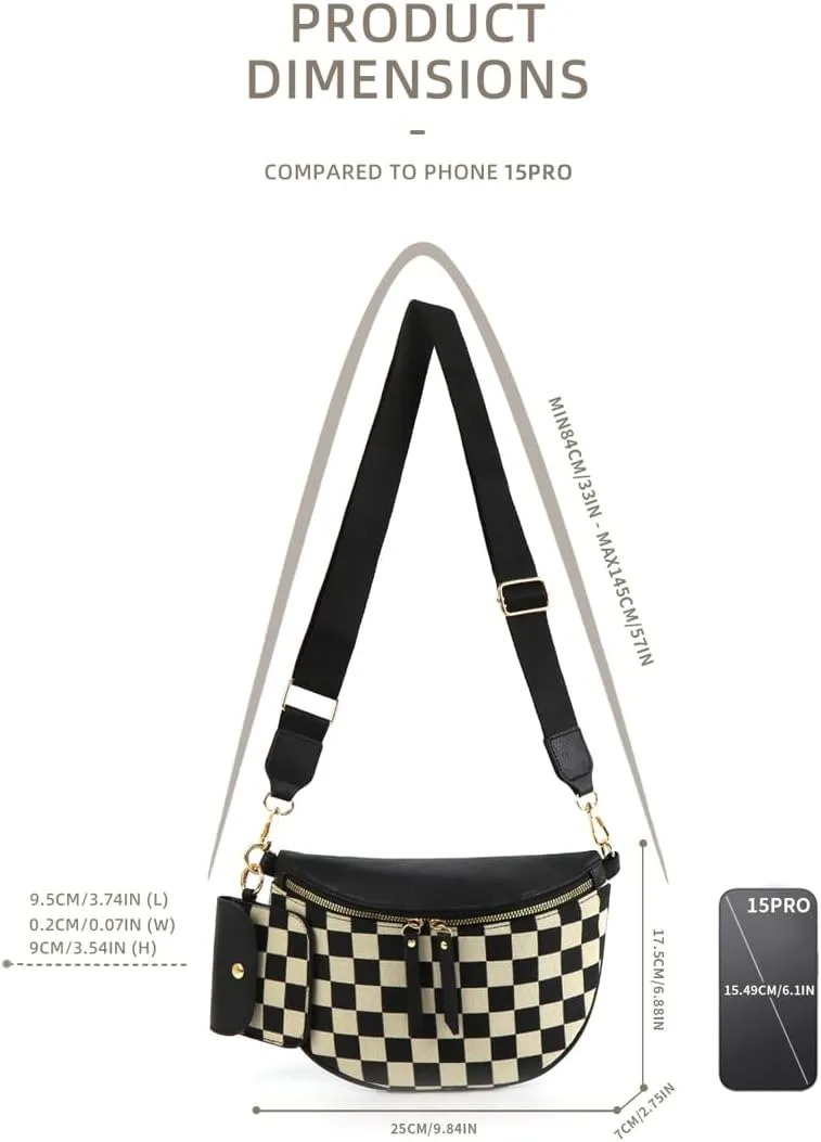 2 Pcs Checkered Crossbody Bags for Women Bum Bag Checkered Cross Body Sling Backpack Hobo Satchels Shoulder Wallet Purses