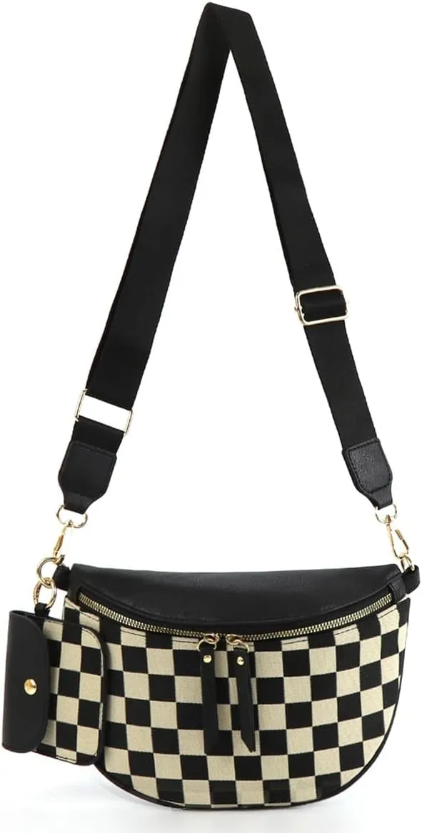 2 Pcs Checkered Crossbody Bags for Women Bum Bag Checkered Cross Body Sling Backpack Hobo Satchels Shoulder Wallet Purses