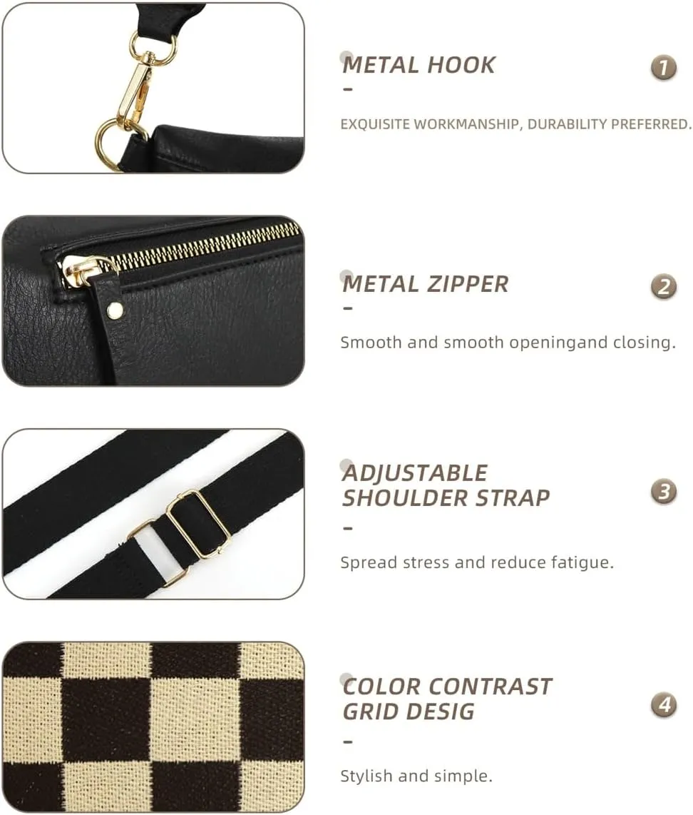 2 Pcs Checkered Crossbody Bags for Women Bum Bag Checkered Cross Body Sling Backpack Hobo Satchels Shoulder Wallet Purses