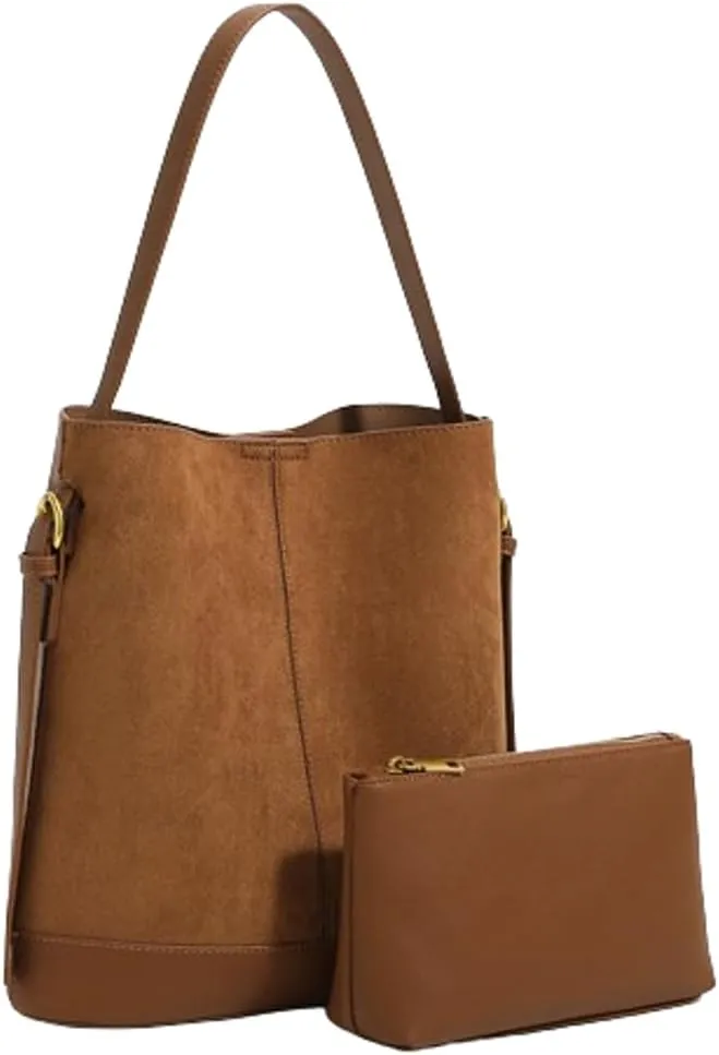 2 Pcs Slouchy Bucket Bag Women Suede Crescent Satchels Shoulder Bag Crossbody Purse Top-handle Travel Work Tote Handbag