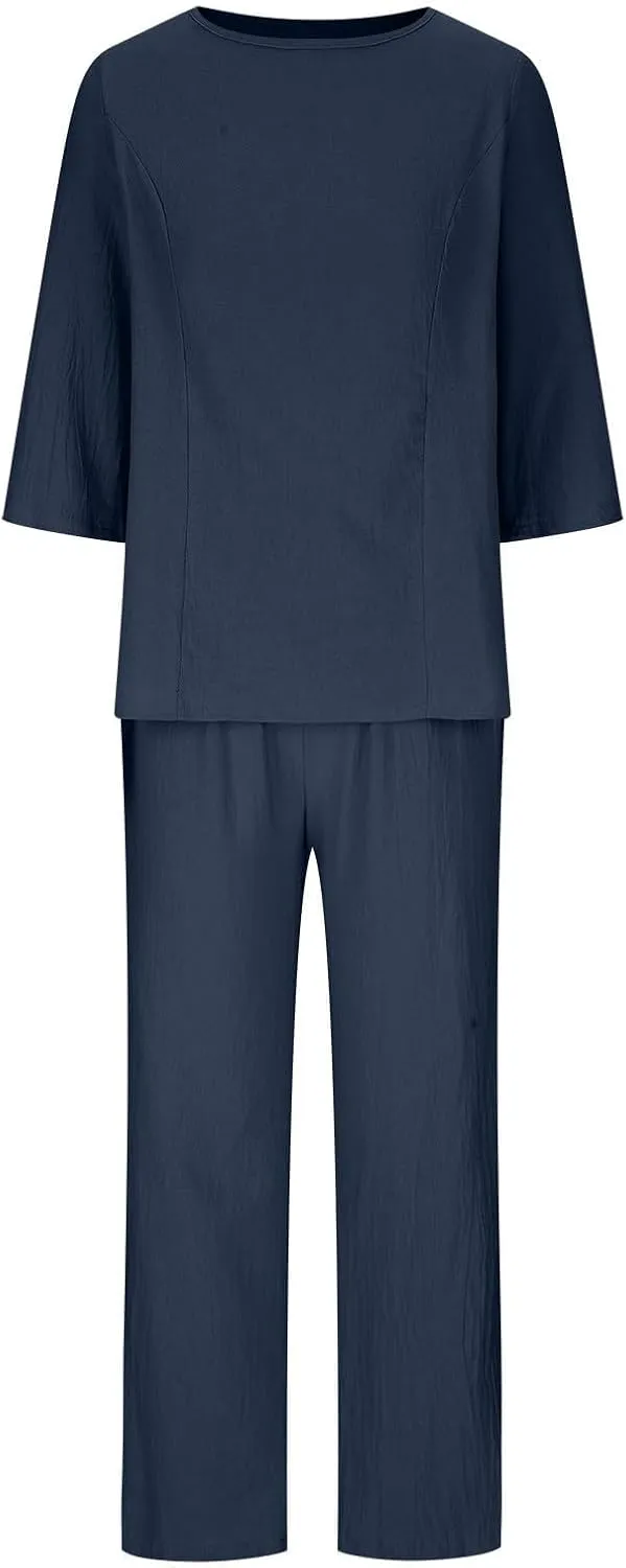 2 Piece Outfits Solid Color Loose for Women Linen Sets Summer Casual Suit 3/4 Sleeve Top Wide Leg Pants with Pockets