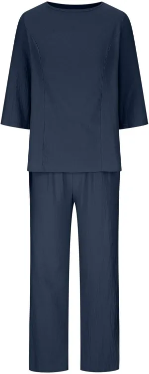 2 Piece Outfits Solid Color Loose for Women Linen Sets Summer Casual Suit 3/4 Sleeve Top Wide Leg Pants with Pockets