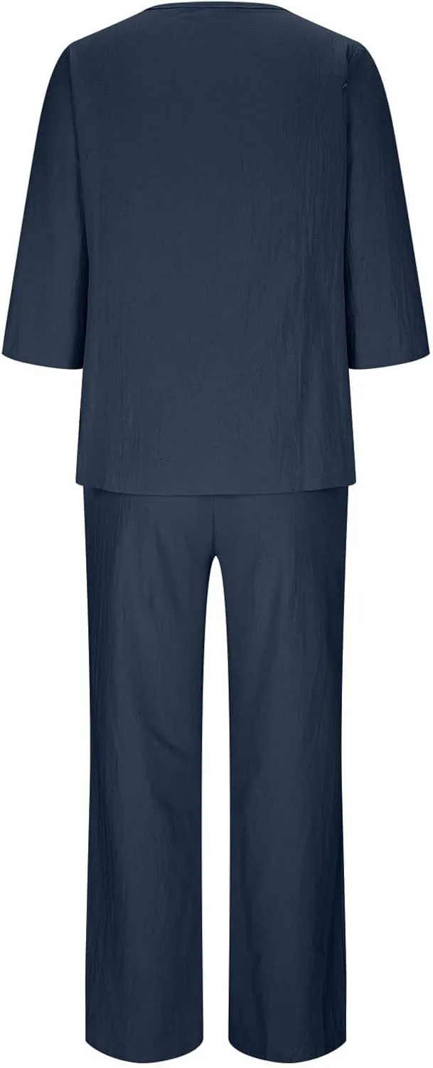 2 Piece Outfits Solid Color Loose for Women Linen Sets Summer Casual Suit 3/4 Sleeve Top Wide Leg Pants with Pockets