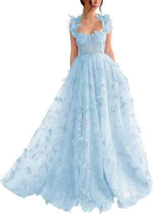 3D Butterfly Prom Dresses Lace Applique Tulle Princess Formal Dress for Women Long Evening Ball Gown with Slit