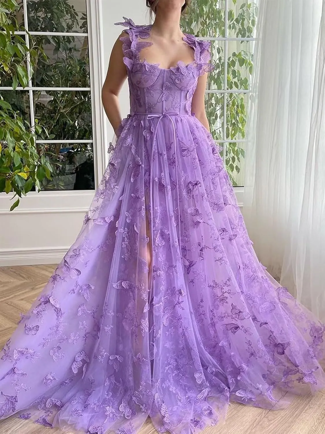 3D Butterfly Prom Dresses Lace Applique Tulle Princess Formal Dress for Women Long Evening Ball Gown with Slit