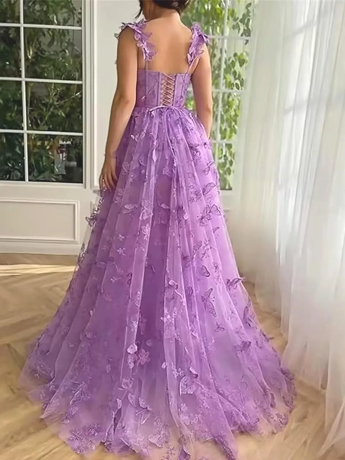 3D Butterfly Prom Dresses Lace Applique Tulle Princess Formal Dress for Women Long Evening Ball Gown with Slit