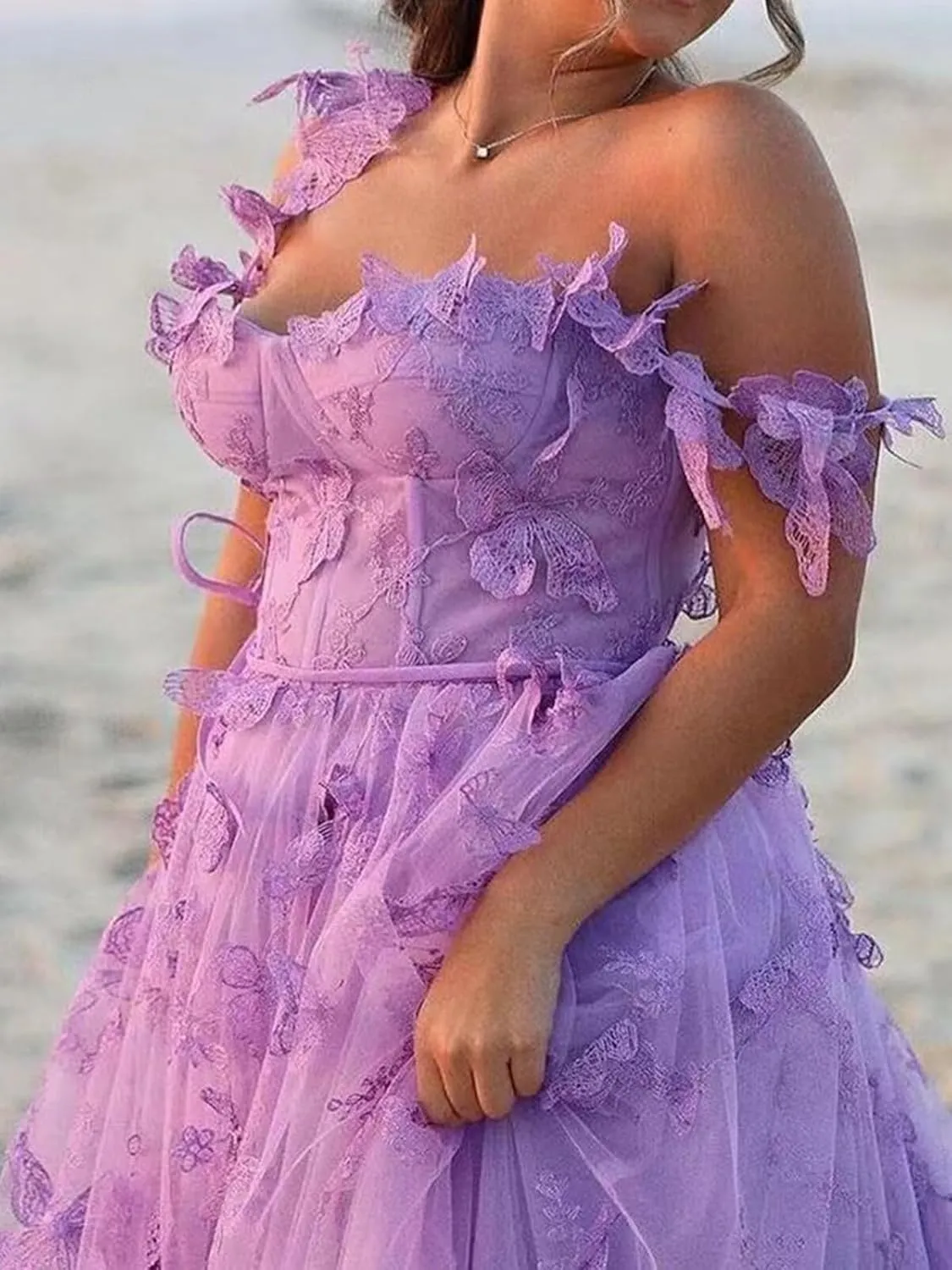 3D Butterfly Prom Dresses Lace Applique Tulle Princess Formal Dress for Women Long Evening Ball Gown with Slit
