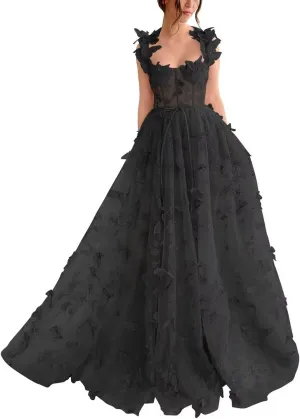 3D Butterfly Prom Dresses Lace Applique Tulle Princess Formal Dress for Women Long Evening Ball Gown with Slit