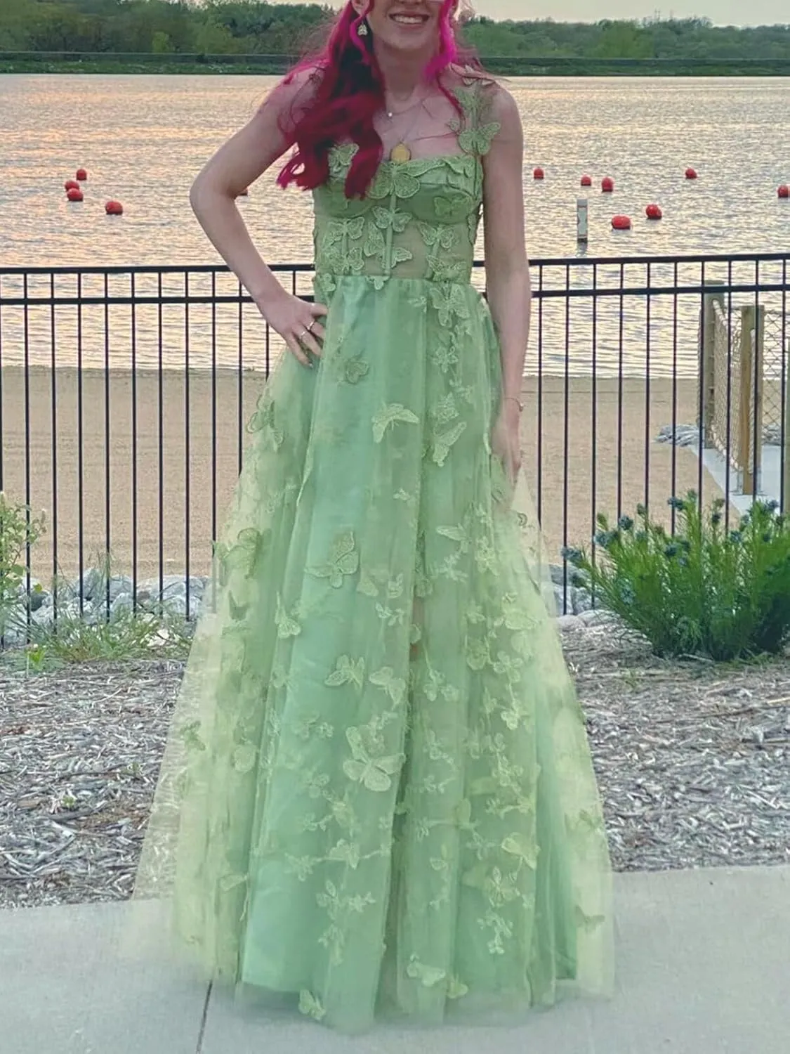 3D Butterfly Prom Dresses Lace Applique Tulle Princess Formal Dress for Women Long Evening Ball Gown with Slit