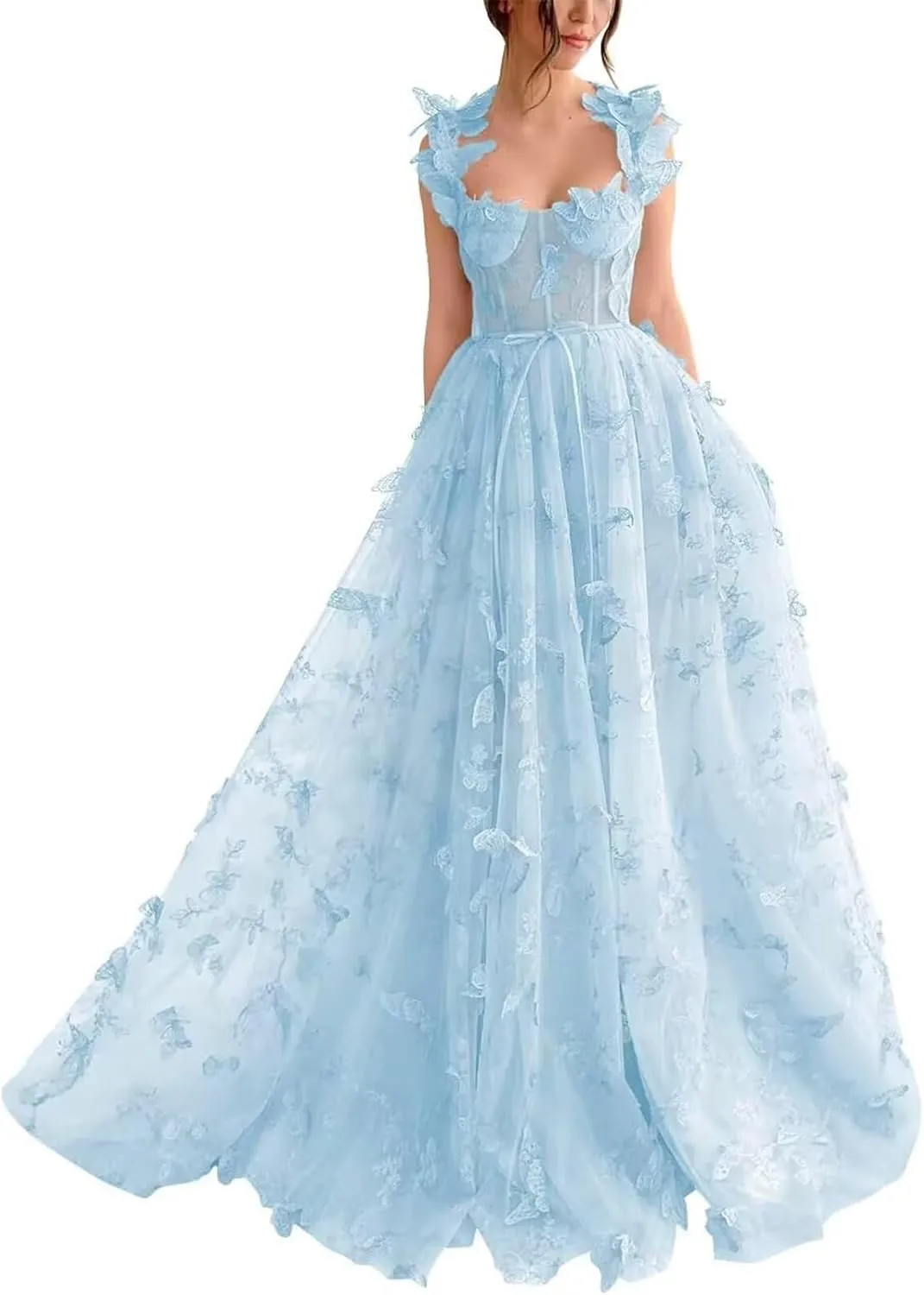3D Butterfly Prom Dresses Lace Applique Tulle Princess Formal Dress for Women Long Evening Ball Gown with Slit