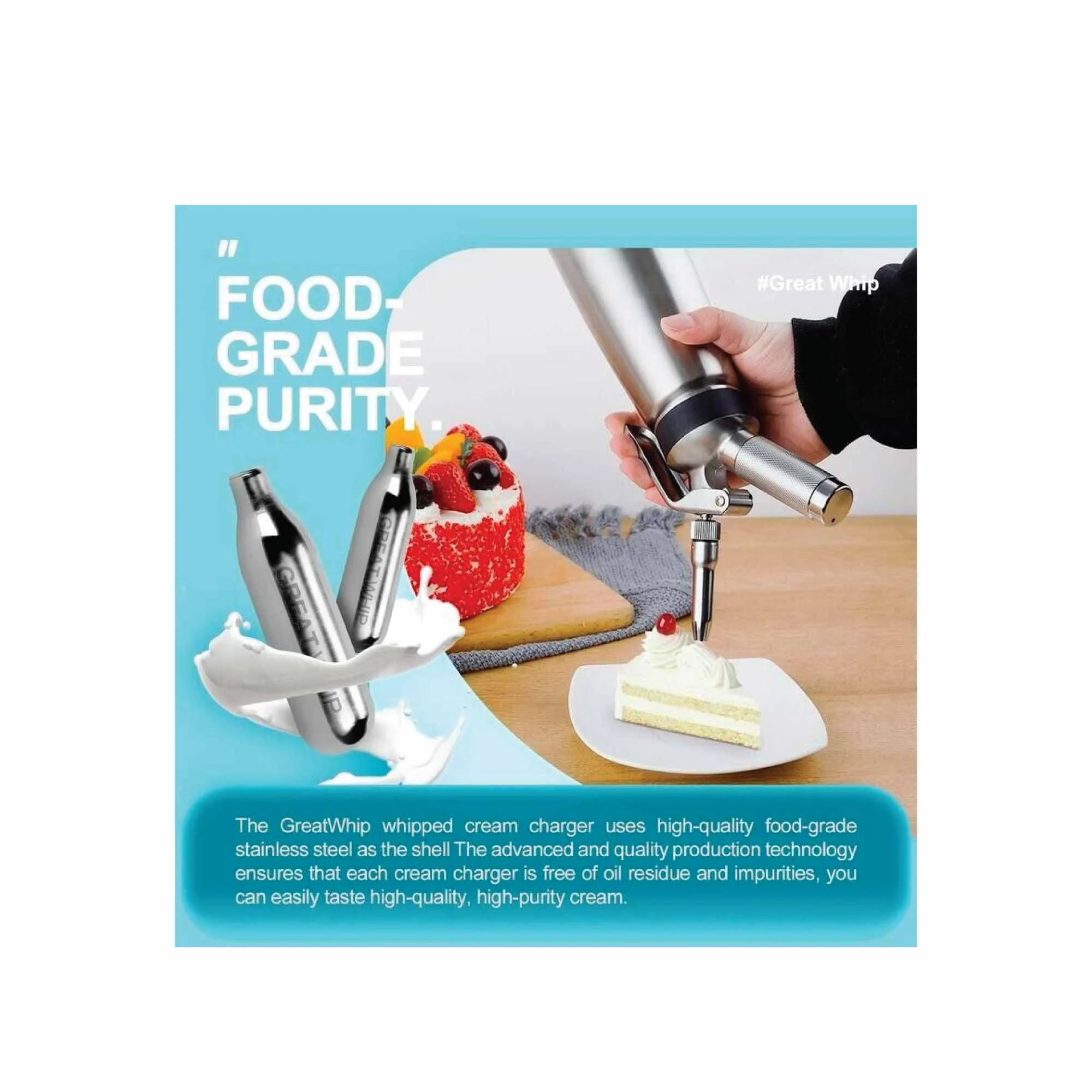 50x Cream Chargers | GreatWhip NO2 Nitrous Oxide Food Use Whip Bulb Canisters