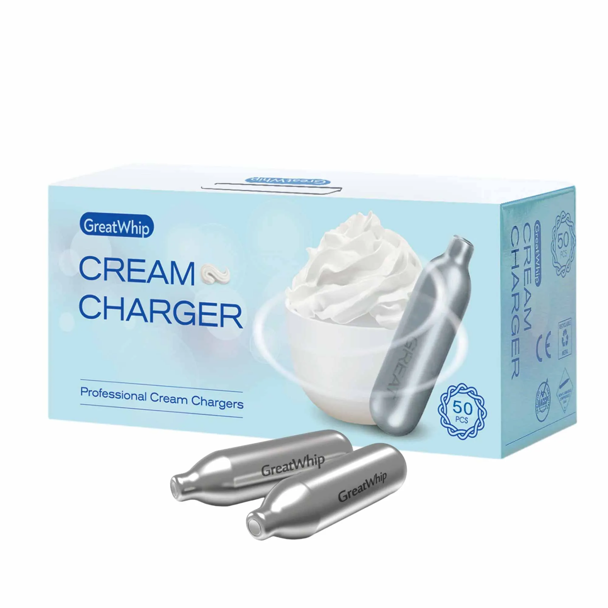 50x Cream Chargers | GreatWhip NO2 Nitrous Oxide Food Use Whip Bulb Canisters