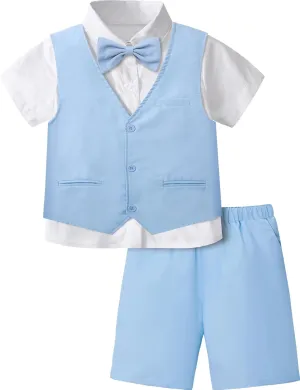 A&J DESIGN Boys Short Suit Set 3 Pieces Kids Formal Gentleman Outfit, 4-11 Years, Shirt   Vest   Shorts   Bow Tie