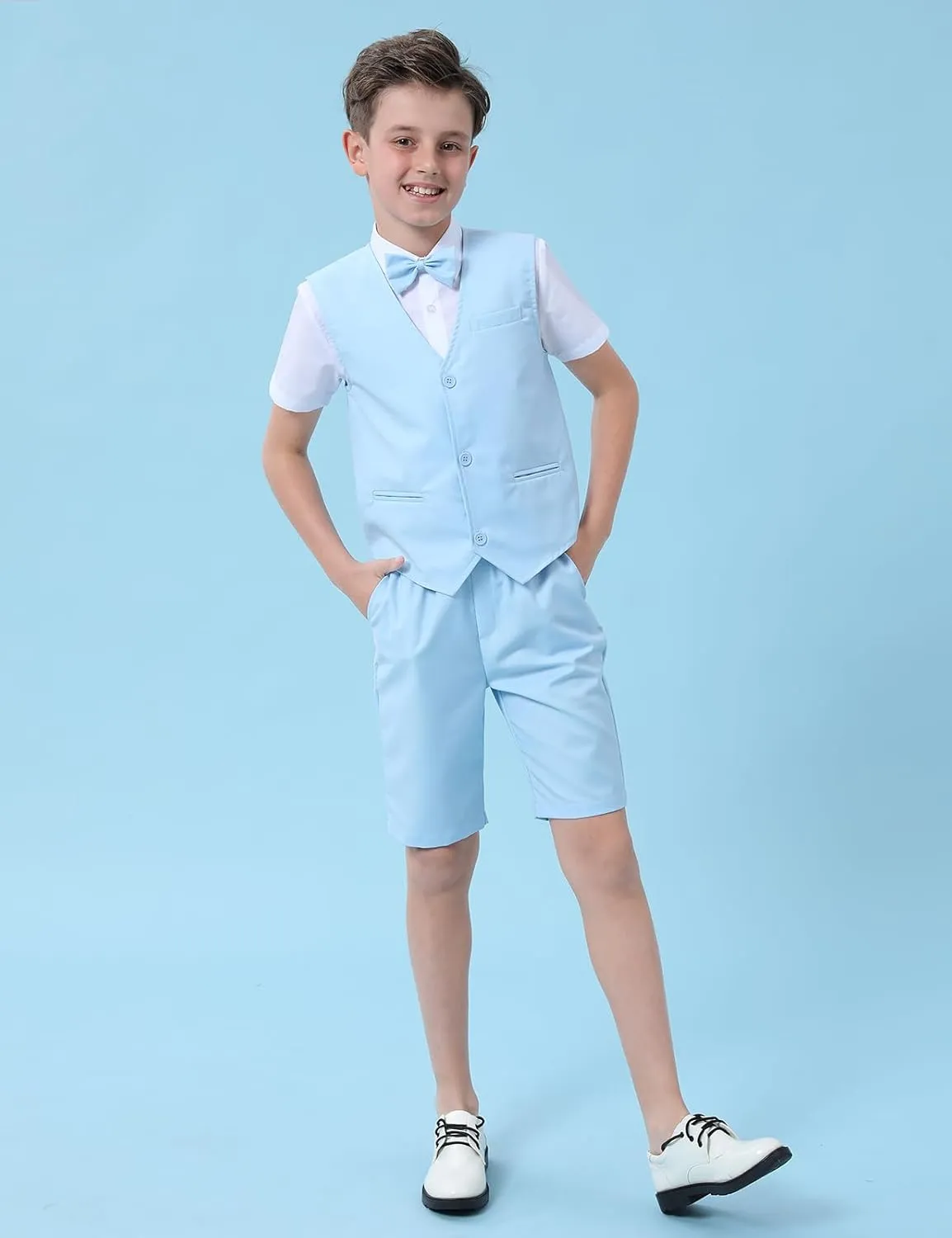 A&J DESIGN Boys Short Suit Set 3 Pieces Kids Formal Gentleman Outfit, 4-11 Years, Shirt   Vest   Shorts   Bow Tie