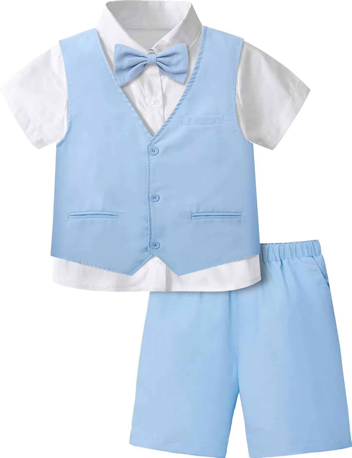 A&J DESIGN Boys Short Suit Set 3 Pieces Kids Formal Gentleman Outfit, 4-11 Years, Shirt   Vest   Shorts   Bow Tie