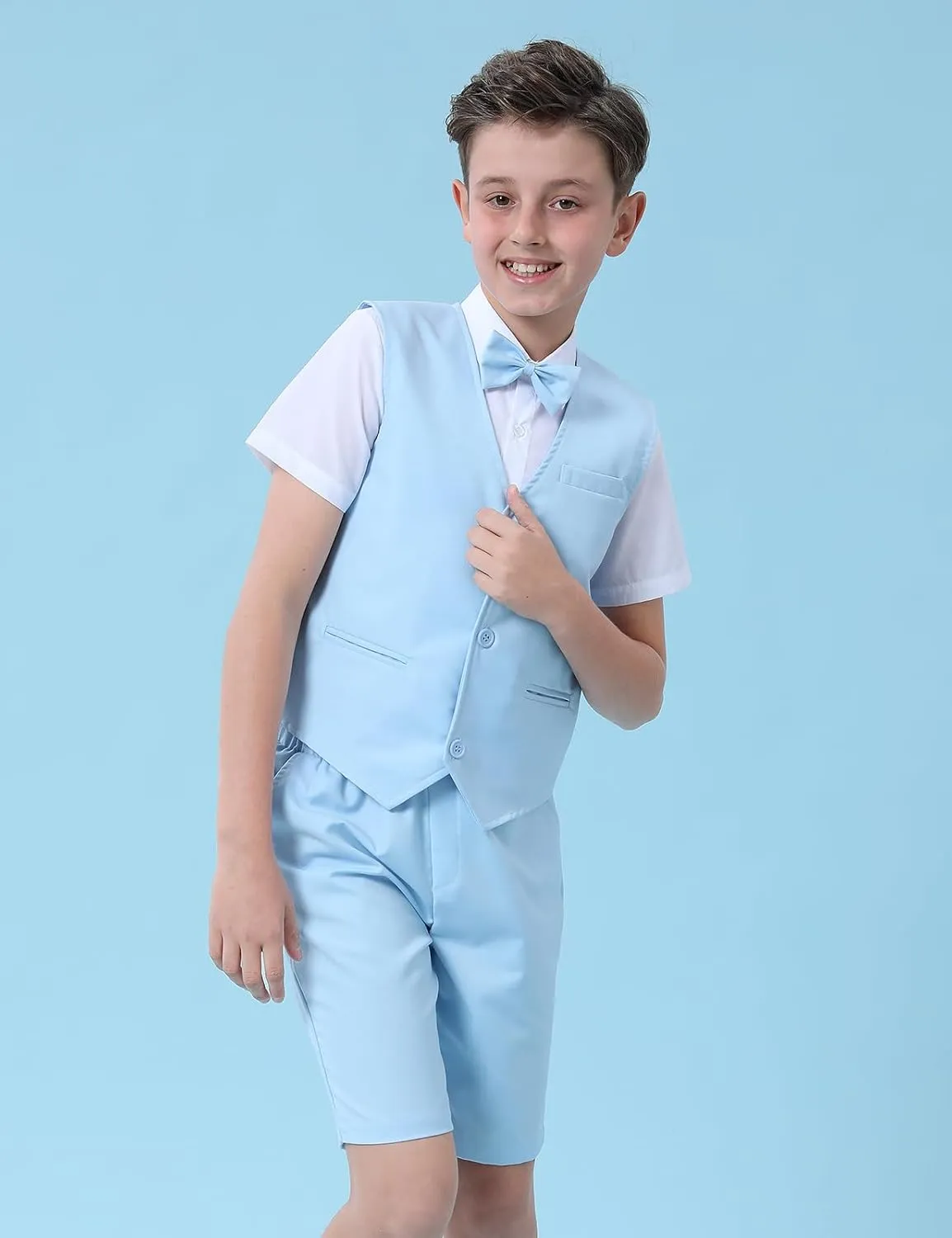 A&J DESIGN Boys Short Suit Set 3 Pieces Kids Formal Gentleman Outfit, 4-11 Years, Shirt   Vest   Shorts   Bow Tie