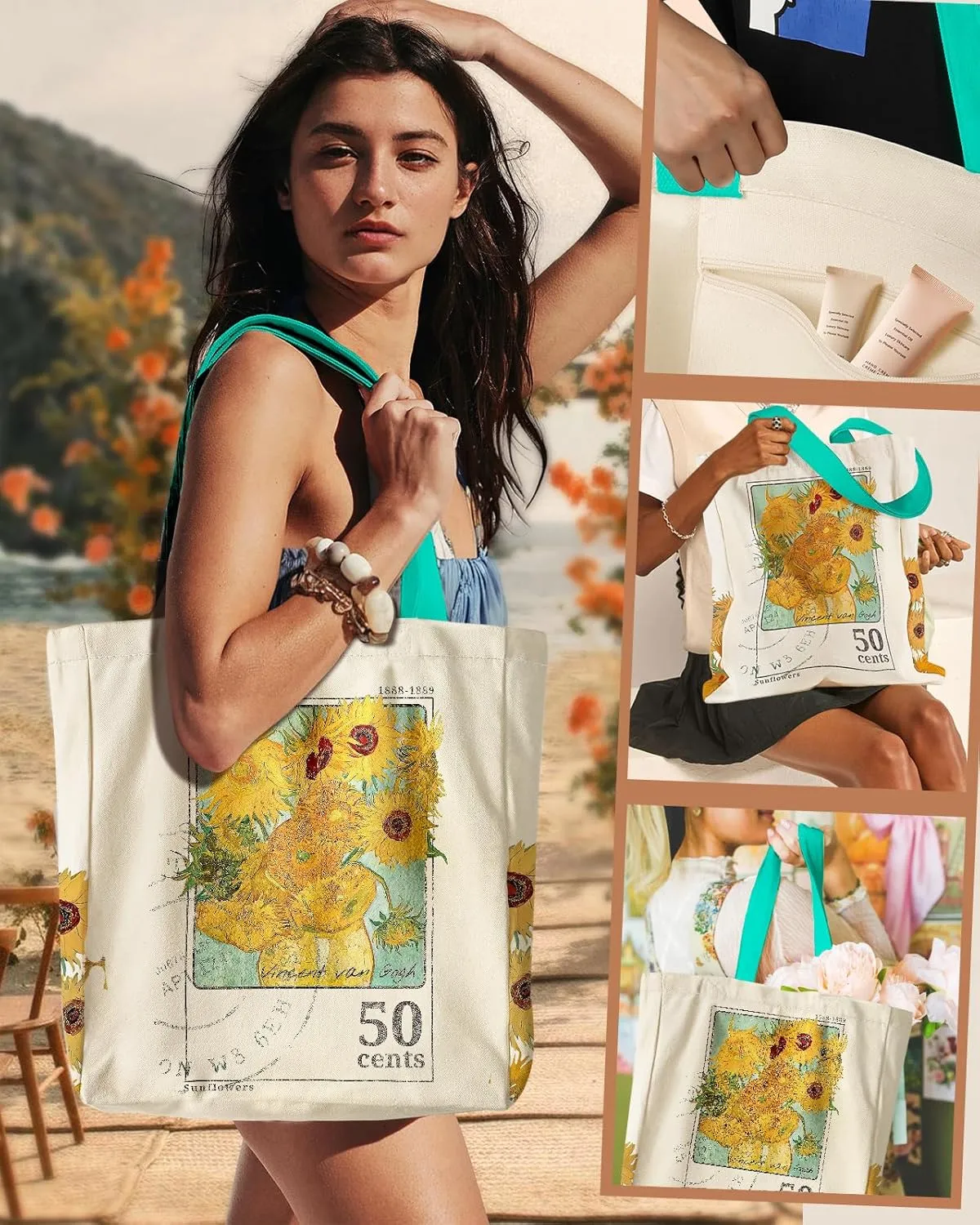 Aesthetic Heavy Canvas Tote Bag - with Pocket for Women Large Size 14''16''3.5'' Cloth Cotton Bags for Shopping