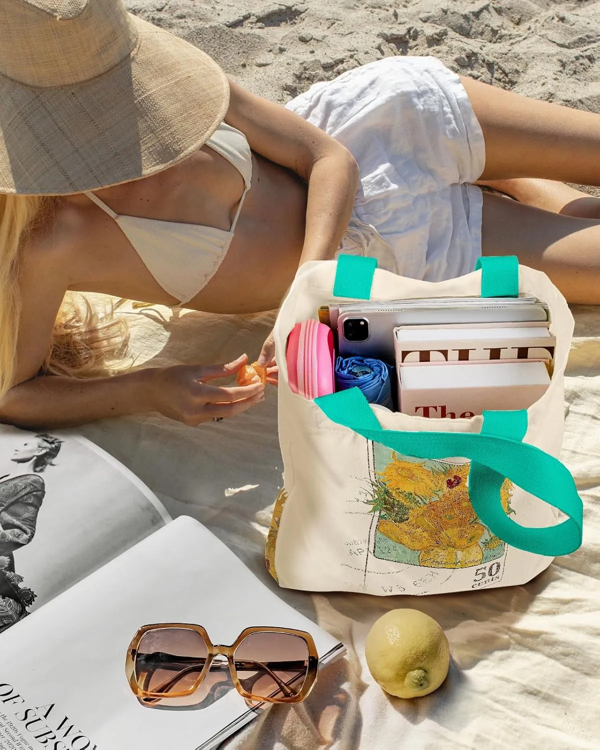 Aesthetic Heavy Canvas Tote Bag - with Pocket for Women Large Size 14''16''3.5'' Cloth Cotton Bags for Shopping