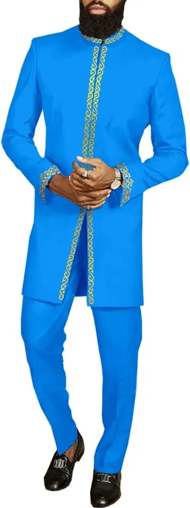 African Suit for Men Dashiki Coats and Ankara Pants 2 Piece Set Wedding Evening Outfits Slim Fit Outwear Jacket Clothes