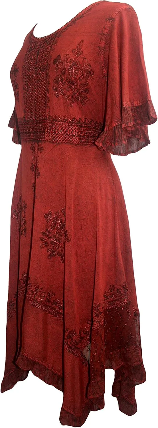 Agan Traders Women's 2025 Summer Boho Vintage Embroidered Short Sleeve Long Maxi Gown Dress with Uneven Hem and Scoop Neck