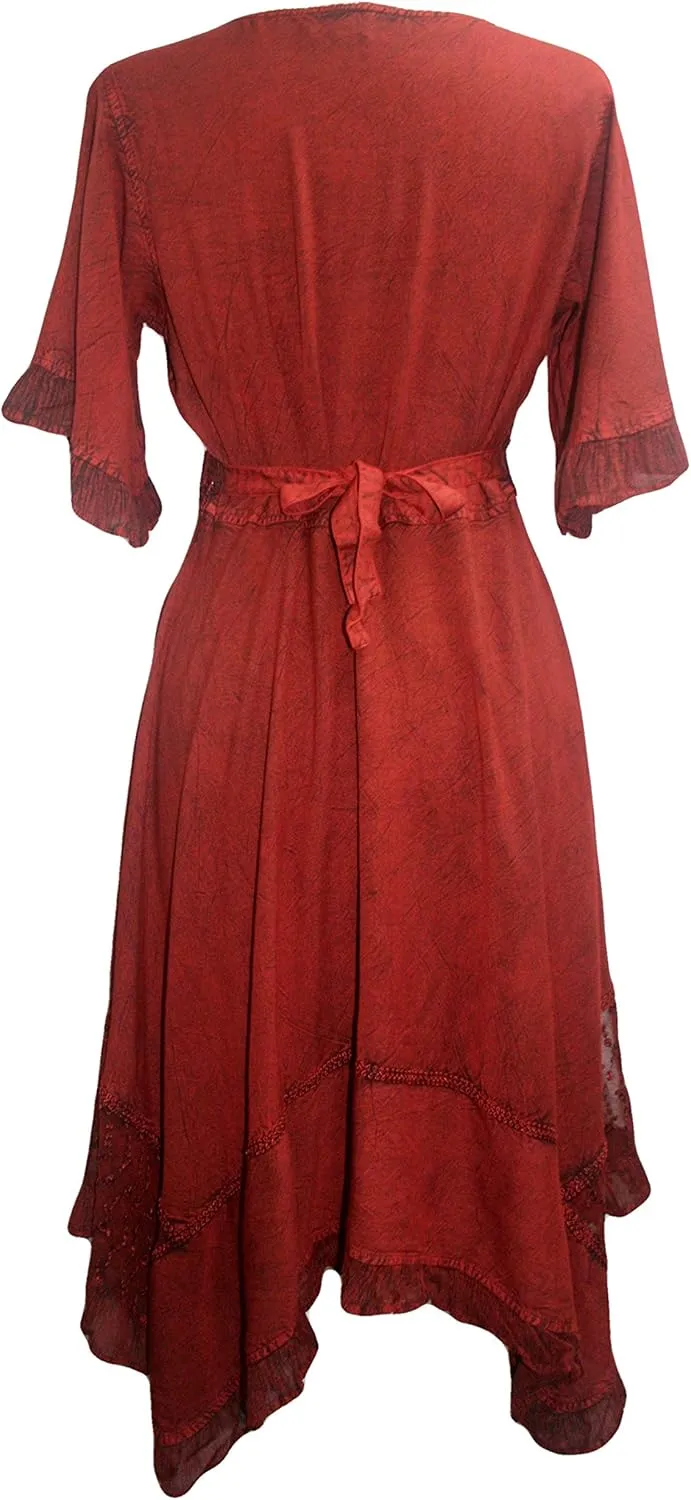 Agan Traders Women's 2025 Summer Boho Vintage Embroidered Short Sleeve Long Maxi Gown Dress with Uneven Hem and Scoop Neck