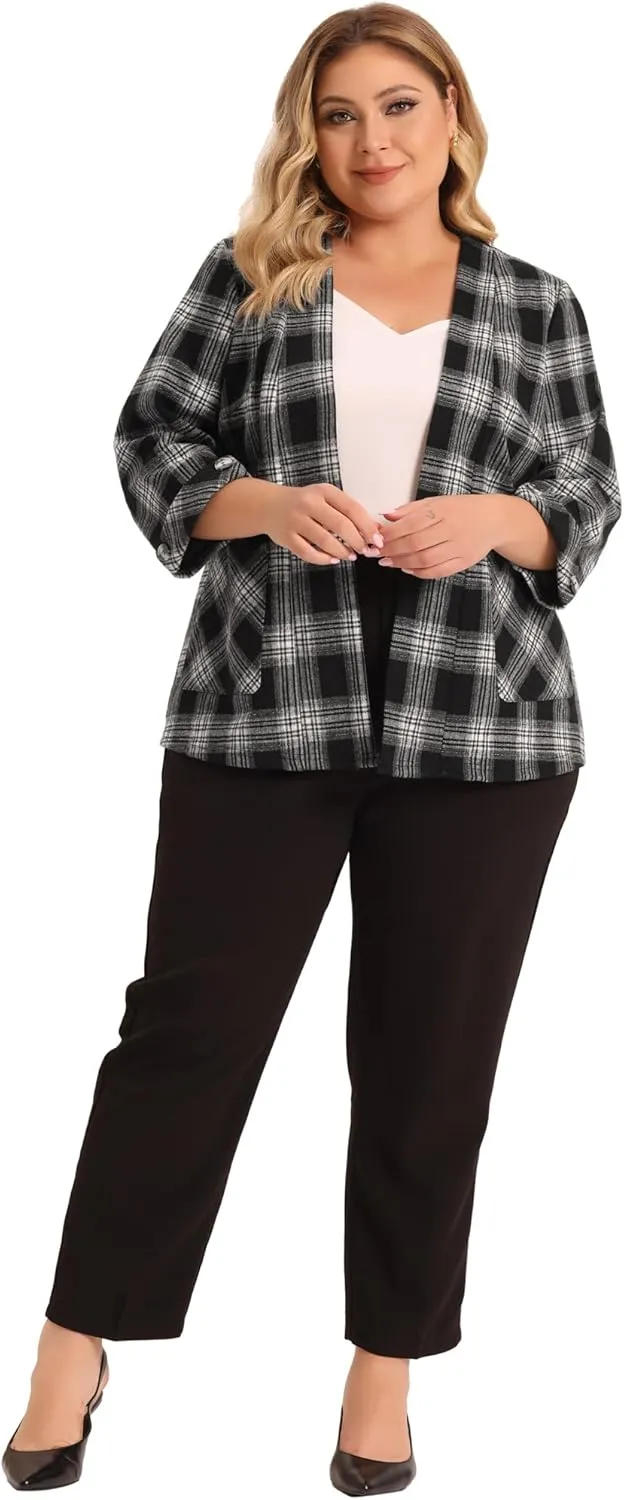 Agnes Orinda Plus Size Blazer for Women 3/4 Sleeves Casual Open Front Plaid Cardigan Blazers with Pockets
