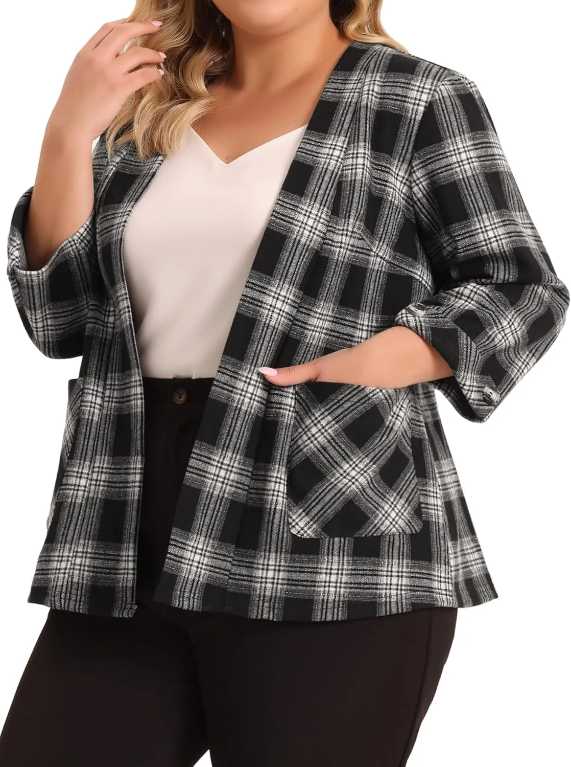 Agnes Orinda Plus Size Blazer for Women 3/4 Sleeves Casual Open Front Plaid Cardigan Blazers with Pockets