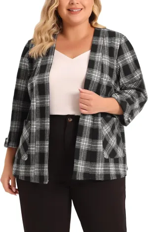 Agnes Orinda Plus Size Blazer for Women 3/4 Sleeves Casual Open Front Plaid Cardigan Blazers with Pockets