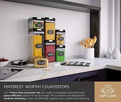Airtight Food Storage Containers Set - 7 PC - Pantry Organization and Storage 100% Airtight, BPA Free Clear Plastic, Kitchen Canisters for Flour, Sugar and Cereal, Labels & Marker (Black)