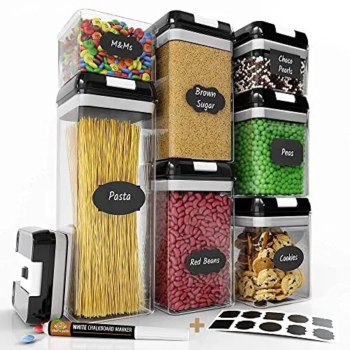 Airtight Food Storage Containers Set - 7 PC - Pantry Organization and Storage 100% Airtight, BPA Free Clear Plastic, Kitchen Canisters for Flour, Sugar and Cereal, Labels & Marker (Black)