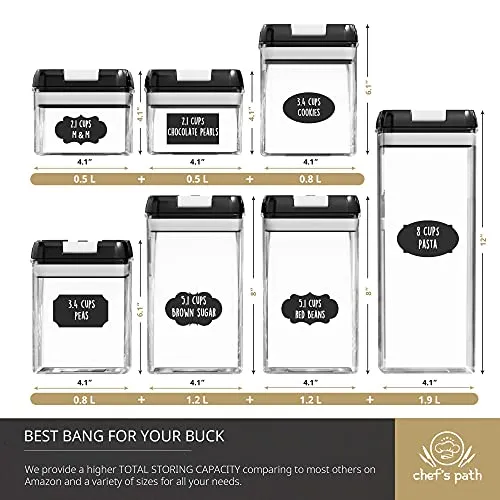 Airtight Food Storage Containers Set - 7 PC - Pantry Organization and Storage 100% Airtight, BPA Free Clear Plastic, Kitchen Canisters for Flour, Sugar and Cereal, Labels & Marker (Black)