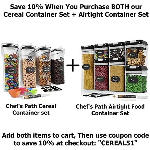 Airtight Food Storage Containers Set - 7 PC - Pantry Organization and Storage 100% Airtight, BPA Free Clear Plastic, Kitchen Canisters for Flour, Sugar and Cereal, Labels & Marker (Black)