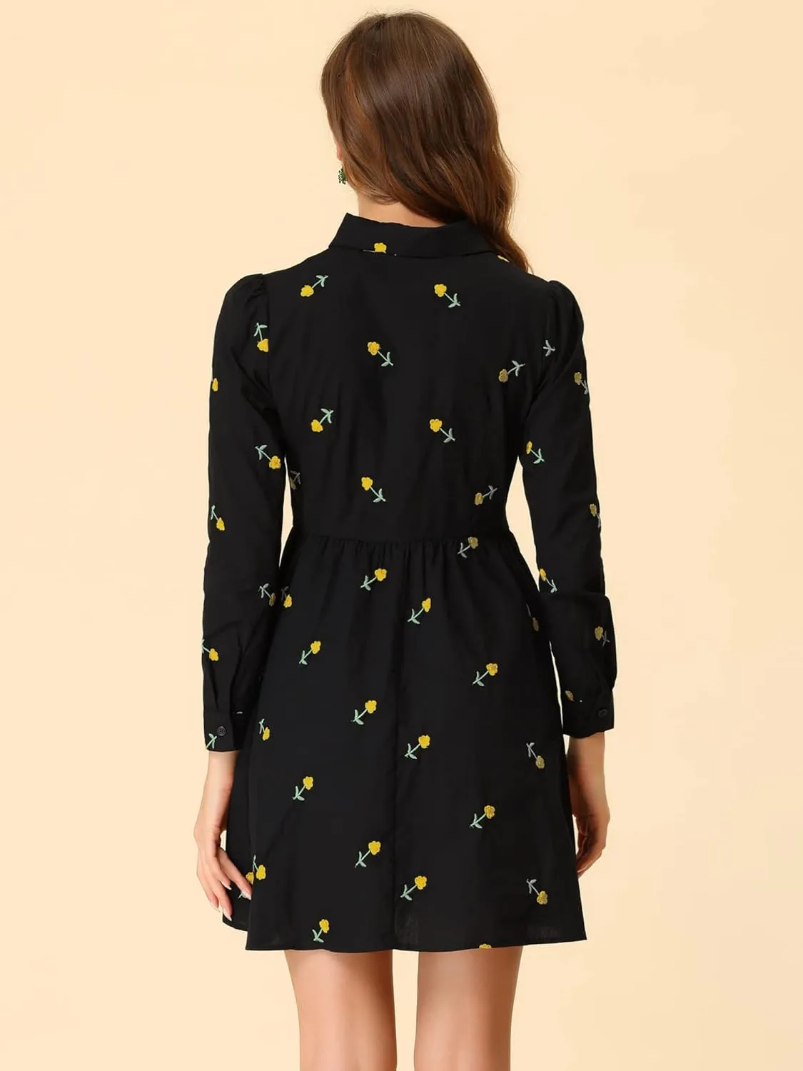 Allegra K Women's Casual Shirt Dress Long Sleeve Half Placket Embroidered Floral Mini Dresses