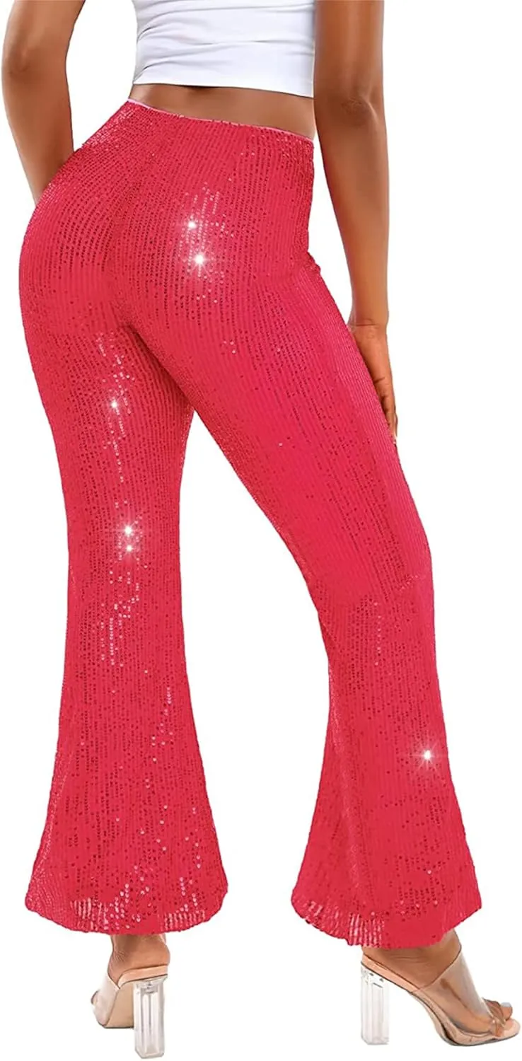 Alyweatry Women Sequin Bell Bottom Pants Glitter Sparkle High Waist Wide Leg Trousers Night Out Clubwear