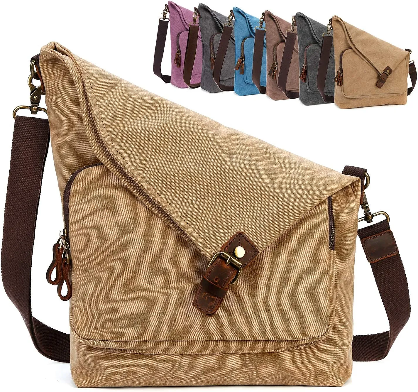 AmHoo Canvas Crossbody Bag for Women Genuine Leather Messenger Purse Handbags Shoulder Bag Hobo Totes