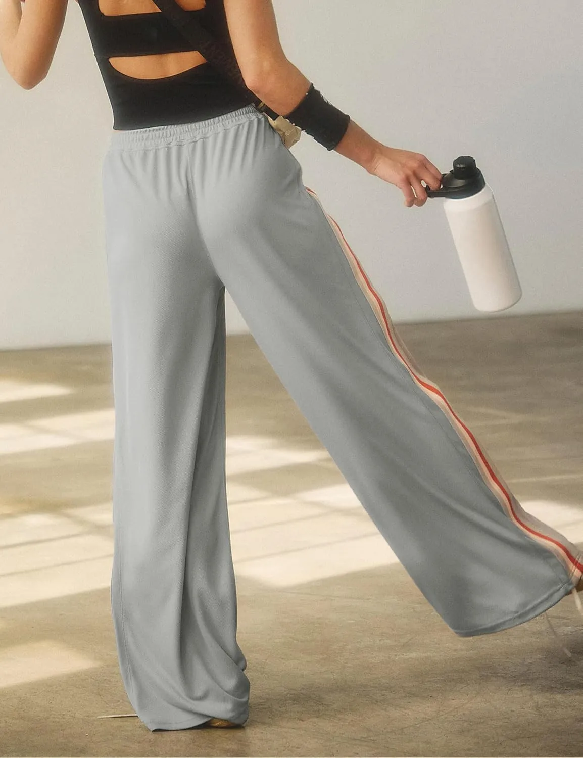 Athlisan Womens Athletic Wide Leg Trousers Side Stripes Drawstring Waist Casual Low Rise Palazzo Pants with Pockets