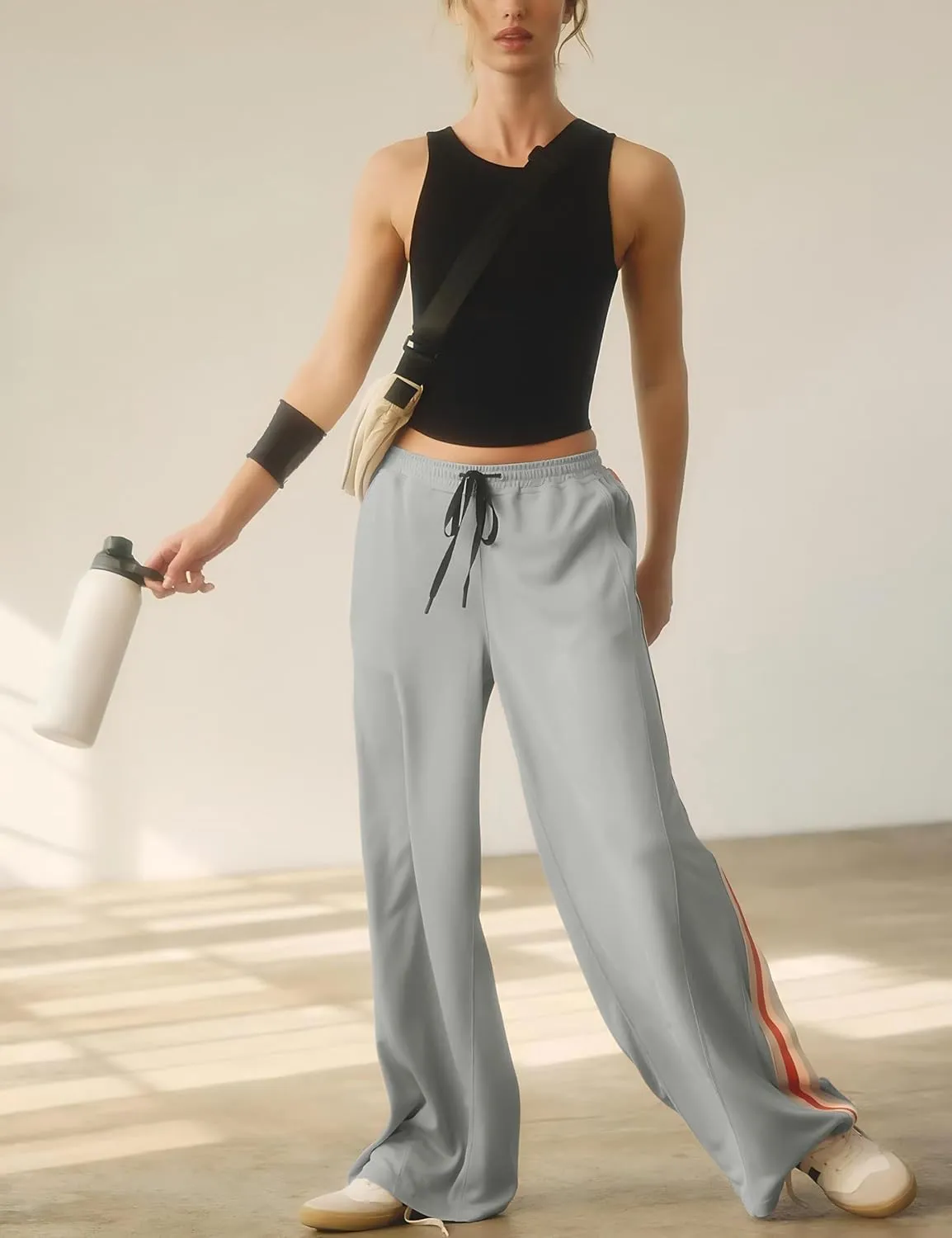 Athlisan Womens Athletic Wide Leg Trousers Side Stripes Drawstring Waist Casual Low Rise Palazzo Pants with Pockets