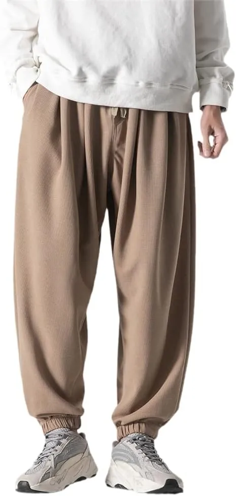 Autumn Men Waffle Harem Pants Drawstring Chinese Style Trousers Male Streetwear Hip Hop Oversized s4 L