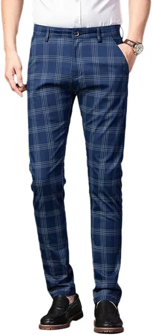 Banana Bucket Mens Casual Fashion Slim Fit Stretch Flat-Front Skinny Dress Pants Plaid with Pockets