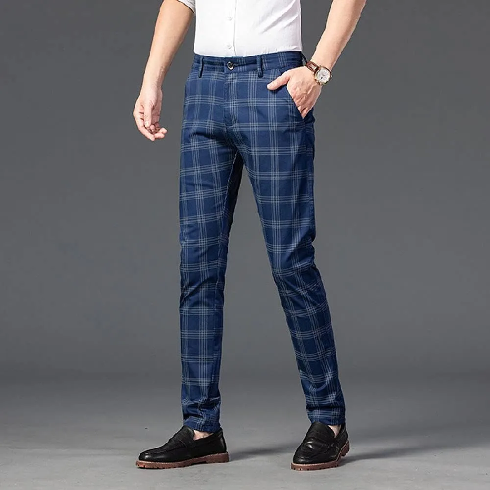 Banana Bucket Mens Casual Fashion Slim Fit Stretch Flat-Front Skinny Dress Pants Plaid with Pockets