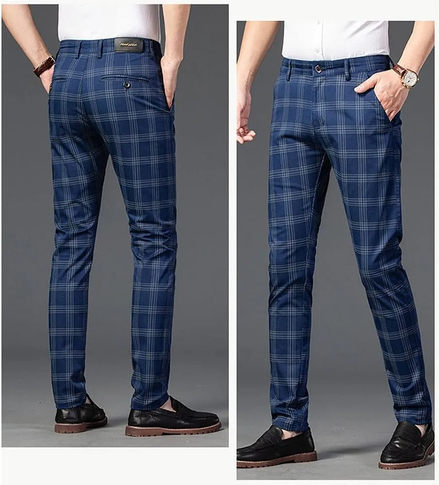 Banana Bucket Mens Casual Fashion Slim Fit Stretch Flat-Front Skinny Dress Pants Plaid with Pockets