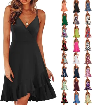 BAXLIMEK Party Dresses for Women,2025 Spring Summer Elegant V Neck Spaghetti Strap Sundress Flowy Ruched Ruffle Mini Dress