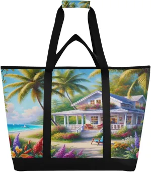 Beachside Flower House Tote Bag for Women with Zipper Reusable Grocery Bags Foldable Insulated Cooler Bag Handbags Totes Shopping Bags for Groceries Picnic Travel Work Beach