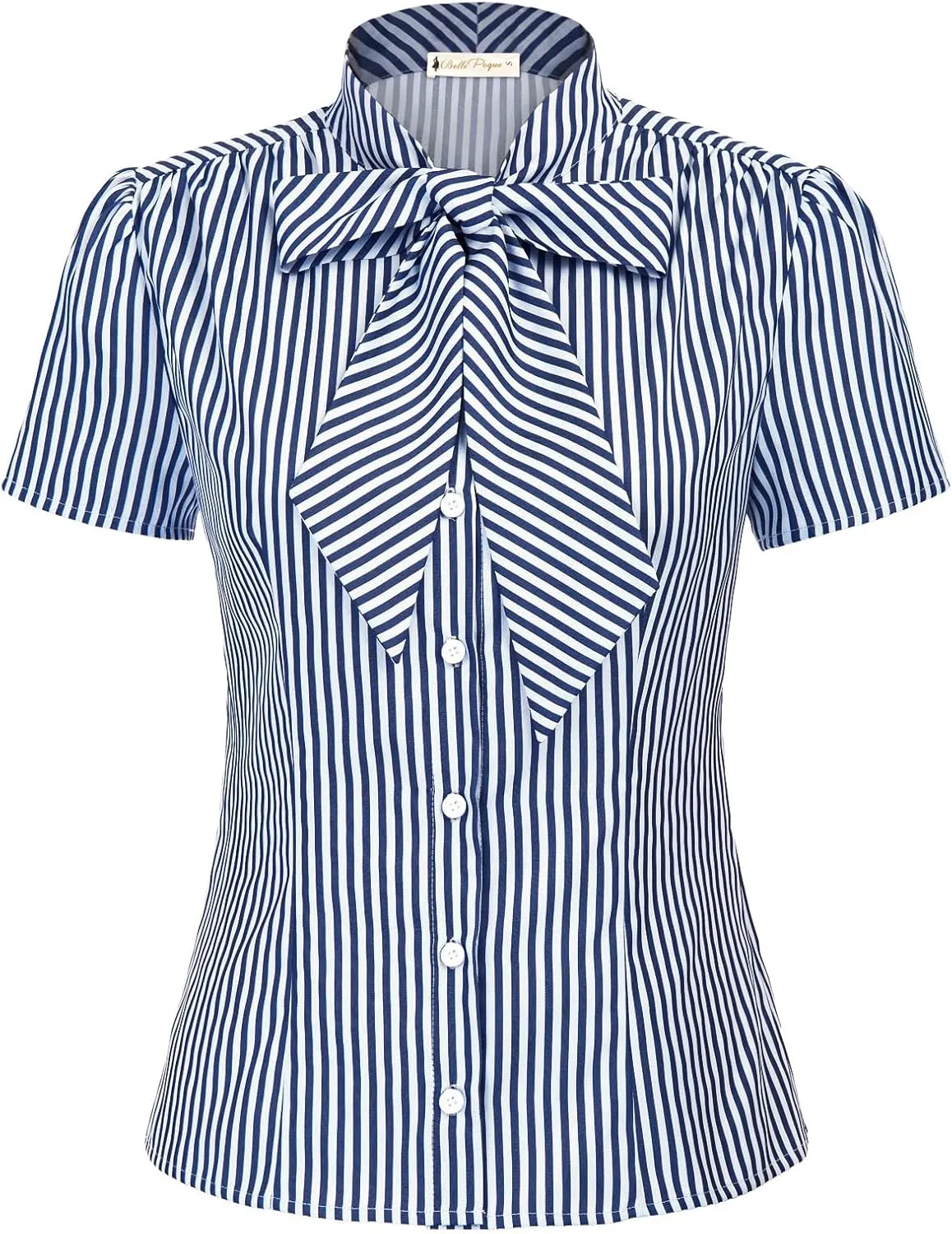 Belle Poque Summer Short Sleeve Office Button Down Blouse Stripe Shirt Tops with Bow Tie BP573