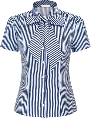 Belle Poque Summer Short Sleeve Office Button Down Blouse Stripe Shirt Tops with Bow Tie BP573