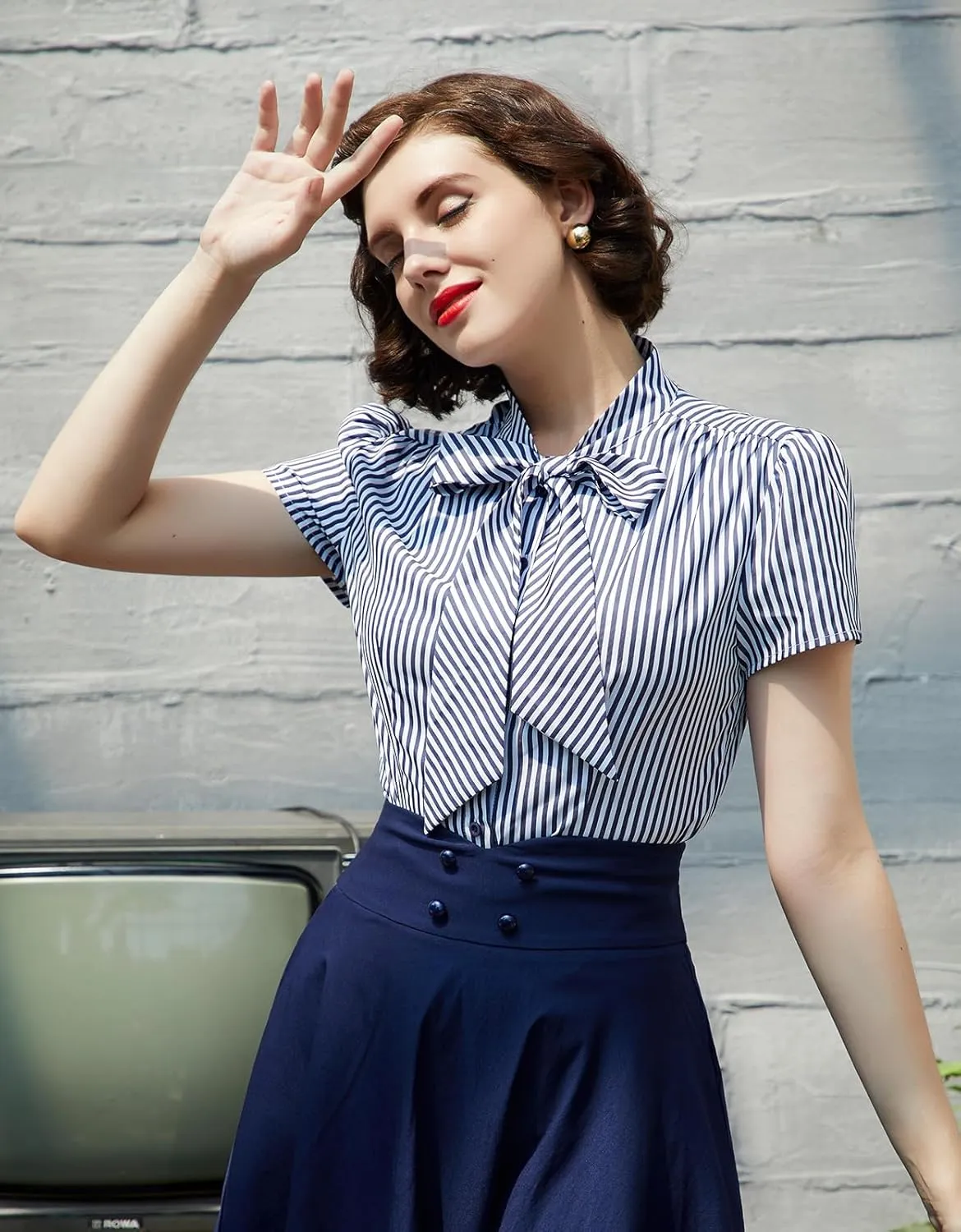 Belle Poque Summer Short Sleeve Office Button Down Blouse Stripe Shirt Tops with Bow Tie BP573
