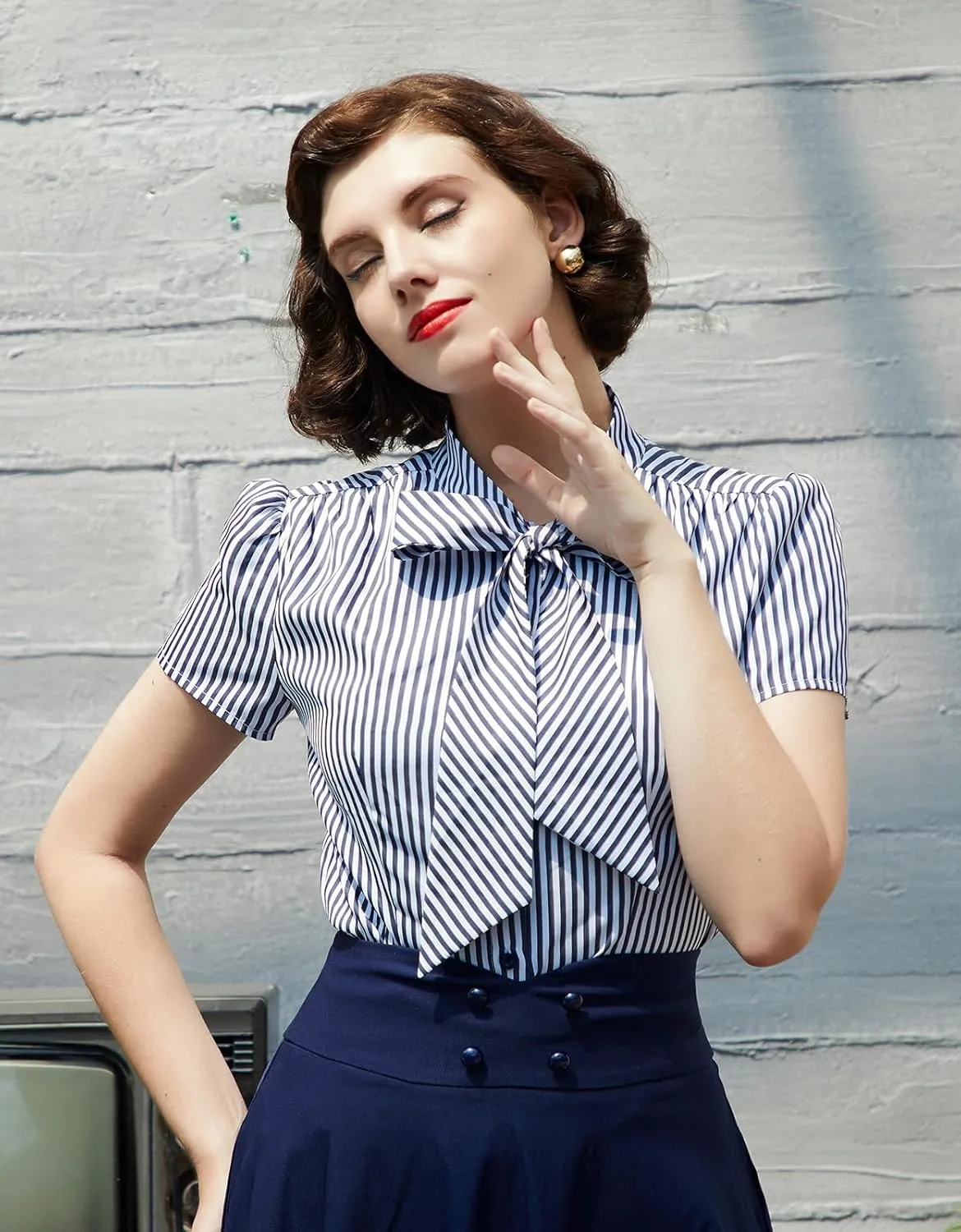 Belle Poque Summer Short Sleeve Office Button Down Blouse Stripe Shirt Tops with Bow Tie BP573