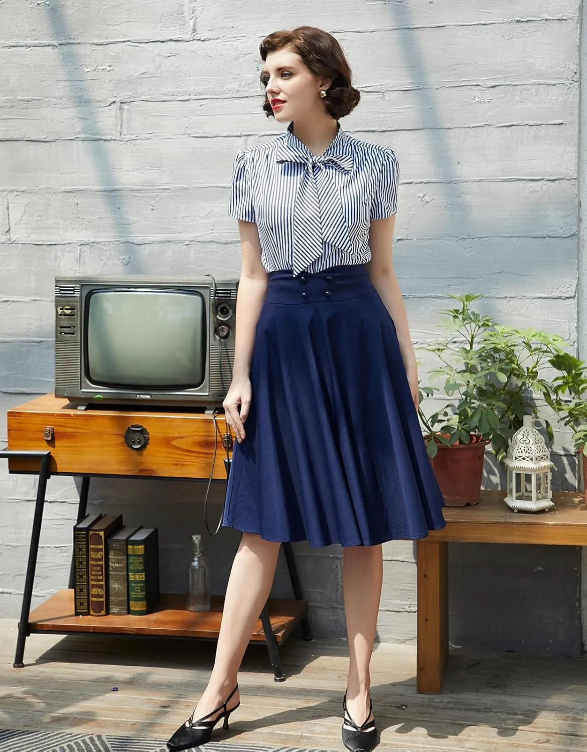 Belle Poque Summer Short Sleeve Office Button Down Blouse Stripe Shirt Tops with Bow Tie BP573