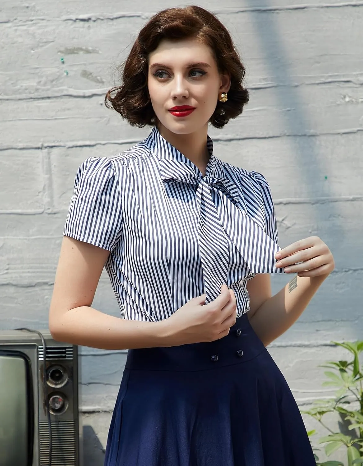 Belle Poque Summer Short Sleeve Office Button Down Blouse Stripe Shirt Tops with Bow Tie BP573