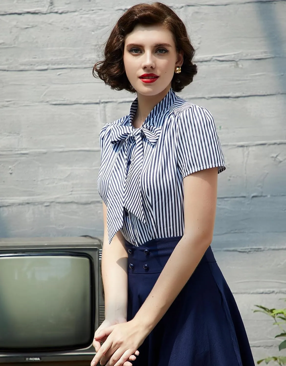 Belle Poque Summer Short Sleeve Office Button Down Blouse Stripe Shirt Tops with Bow Tie BP573